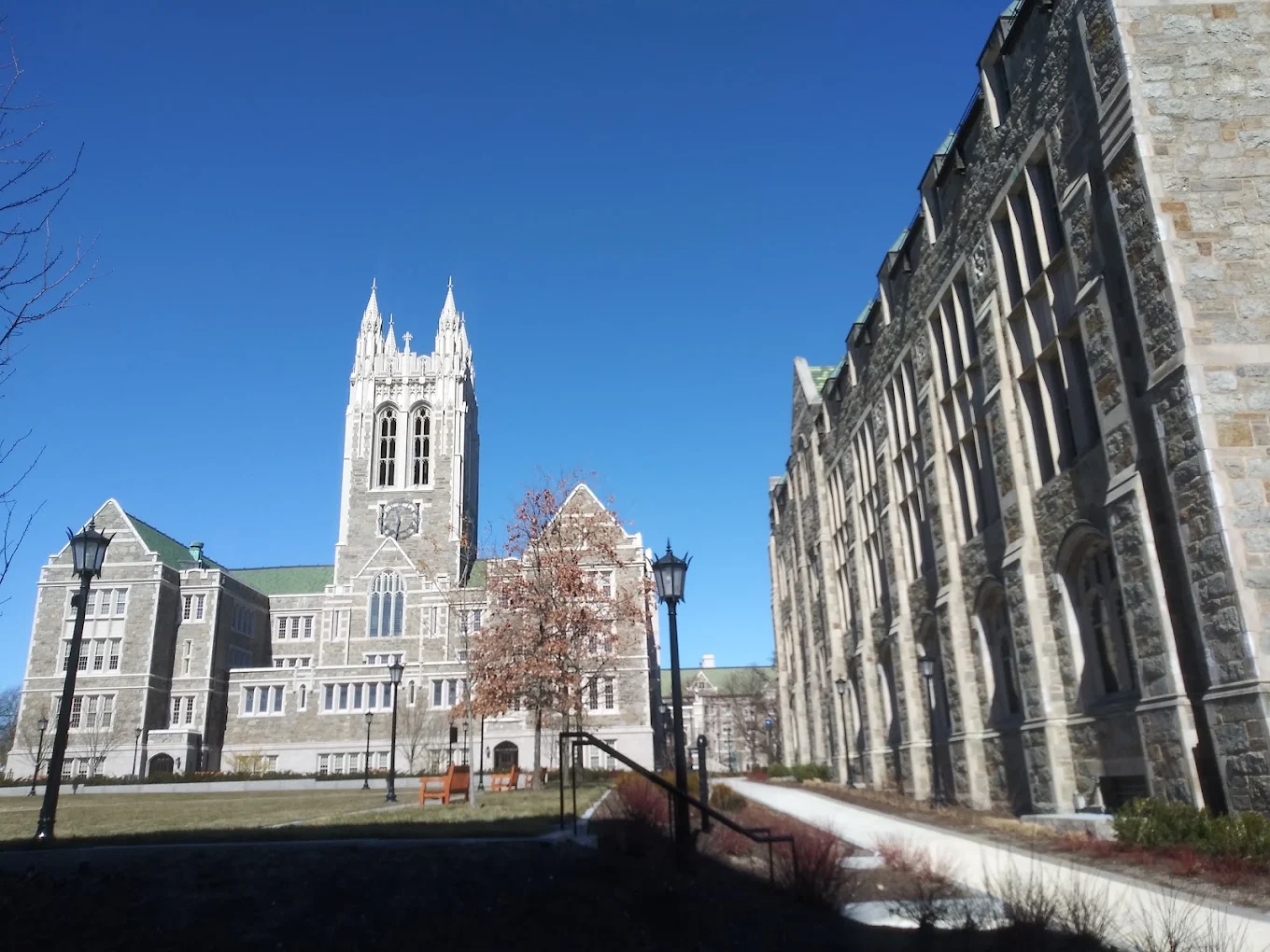 Collegiate Gothic stone university campus tower